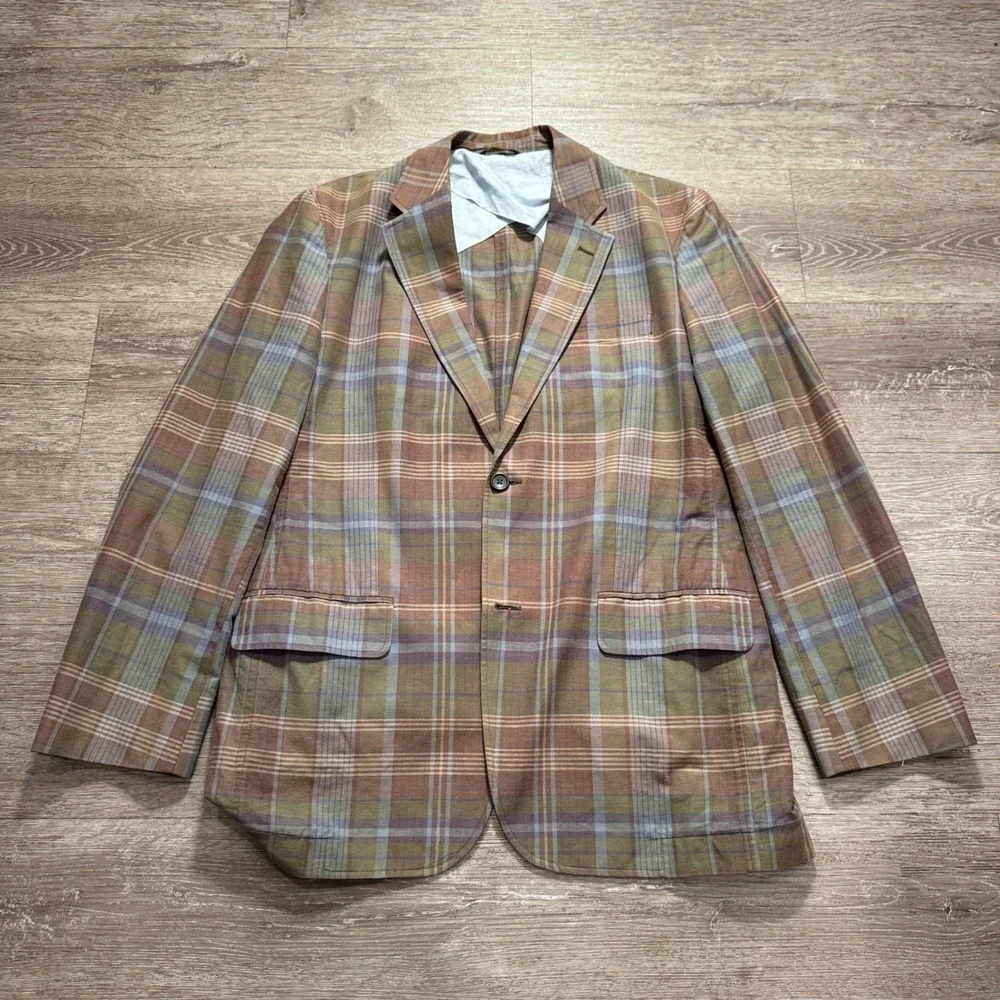 Banana Republic Sport Coat Men 42L Brown Plaid Cotton Linen Unconstructed Blazer